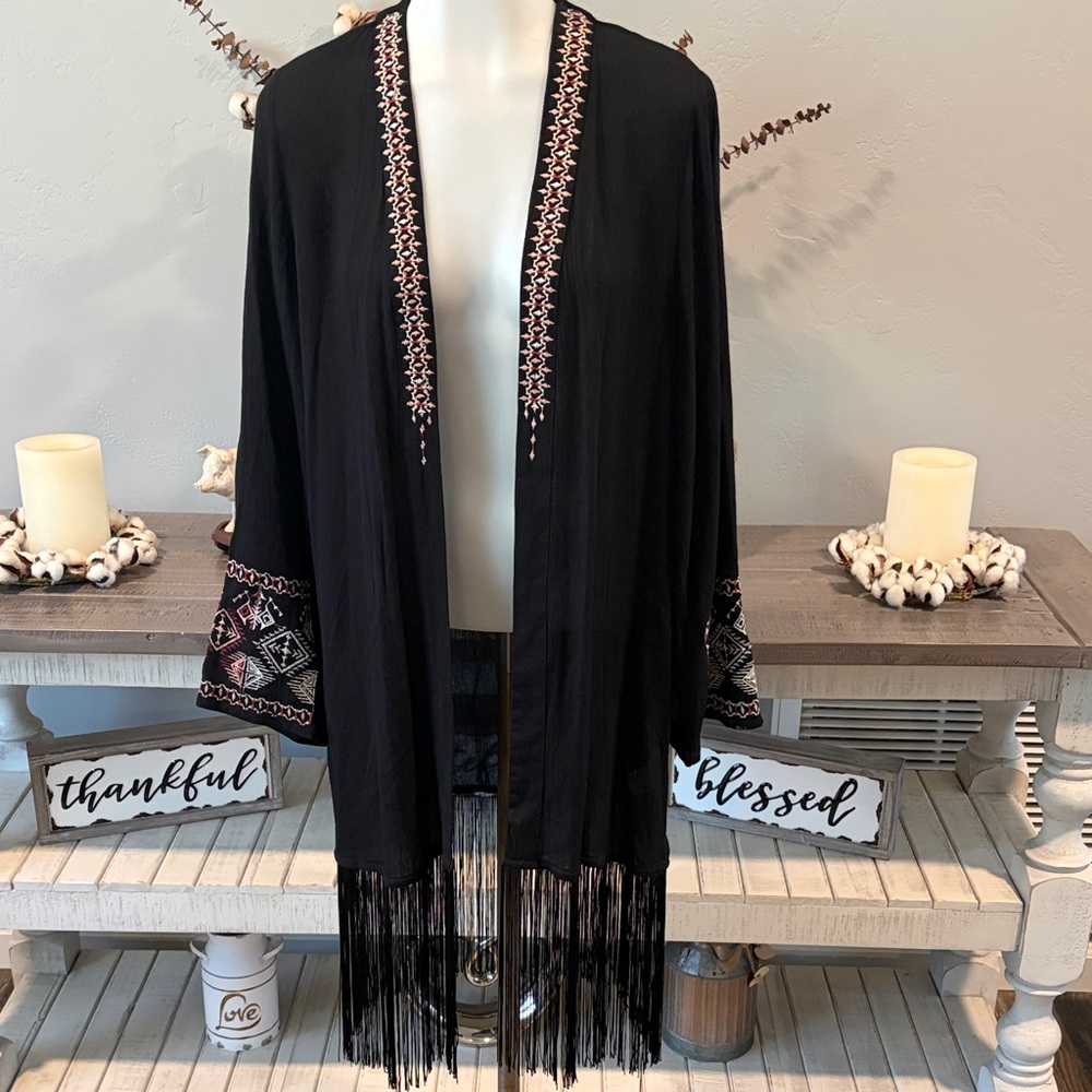 Embroidered Black Fringe Open-Front Kimono